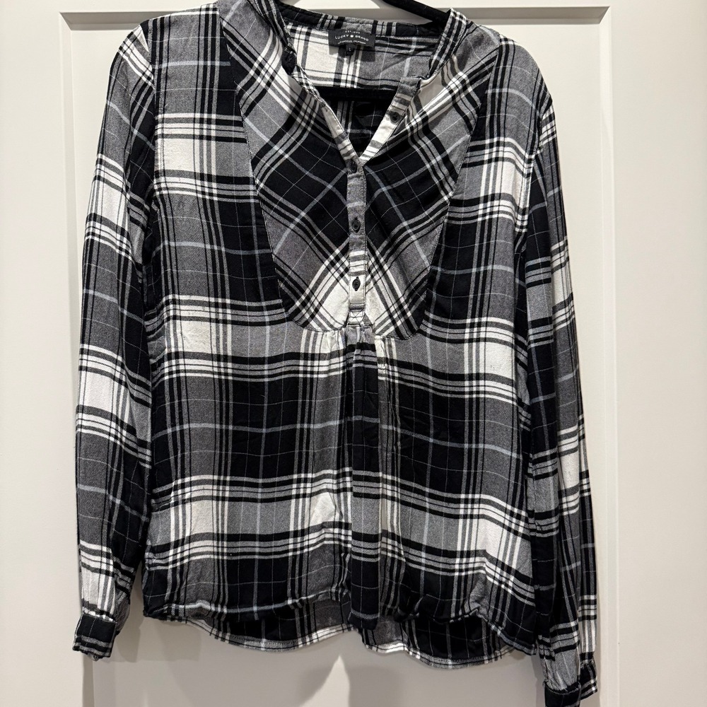 Grunge Boho Lucky Brand Black Gray Plaid Henley Popover Blouse Women's L